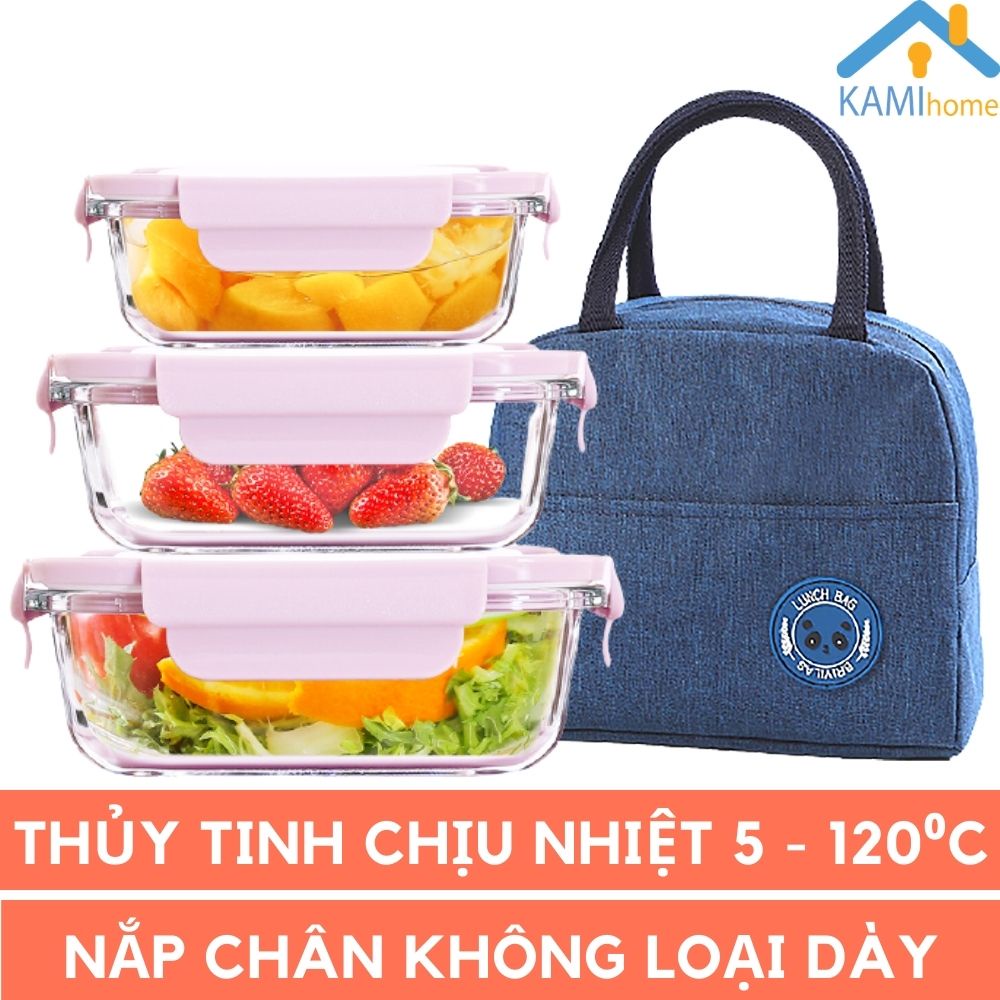 Hộp bảo quản thực phẩm - đựng cơm văn phòng 1 ngăn Thủy tinh chịu nhiệt Nóng Lạnh-Nắp chân không mã 20068 Kami