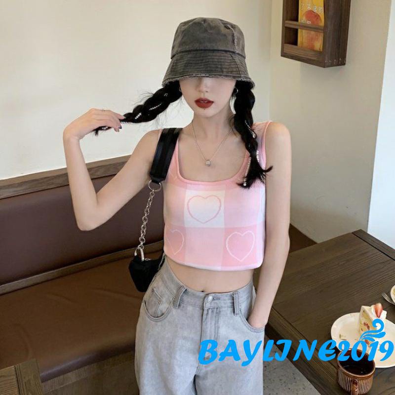 Áo Croptop Dệt Kim Không Tay Cổ Vuông In Họa Tiết Trái Tim Dễ Thương Cho Nữ | BigBuy360 - bigbuy360.vn