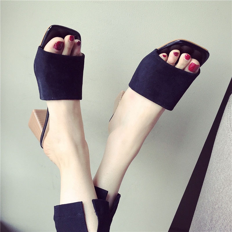 ☢High-heeled slippers women s summer fashion all-match outer wear thick-heeled personality square-toe outdoor Korean sandals women s shoes 2020 new