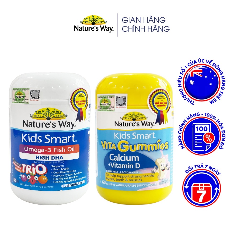 Combo Phát Triển Chiều Cao, Não Bộ, Thị Lực NATURE'S WAY Omega-3 Fish Oil + Gummies Calcium, Vitamin D Cho Bé Từ 2 Tuổi