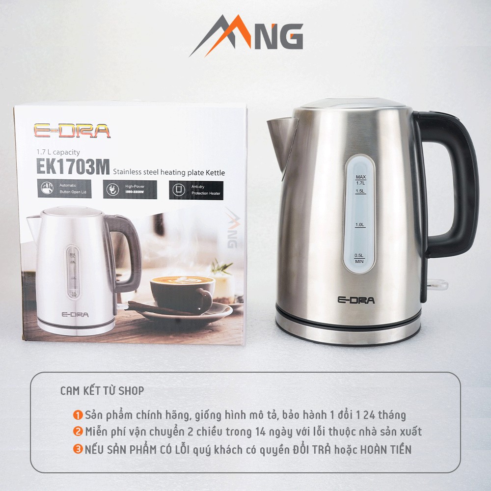 Ấm đun nước siêu tốc inox EDra - EK1703 dung tích 1,7 lít tự động tắt khi sôi thép không gỉ có đèn báo đế xoay không dây