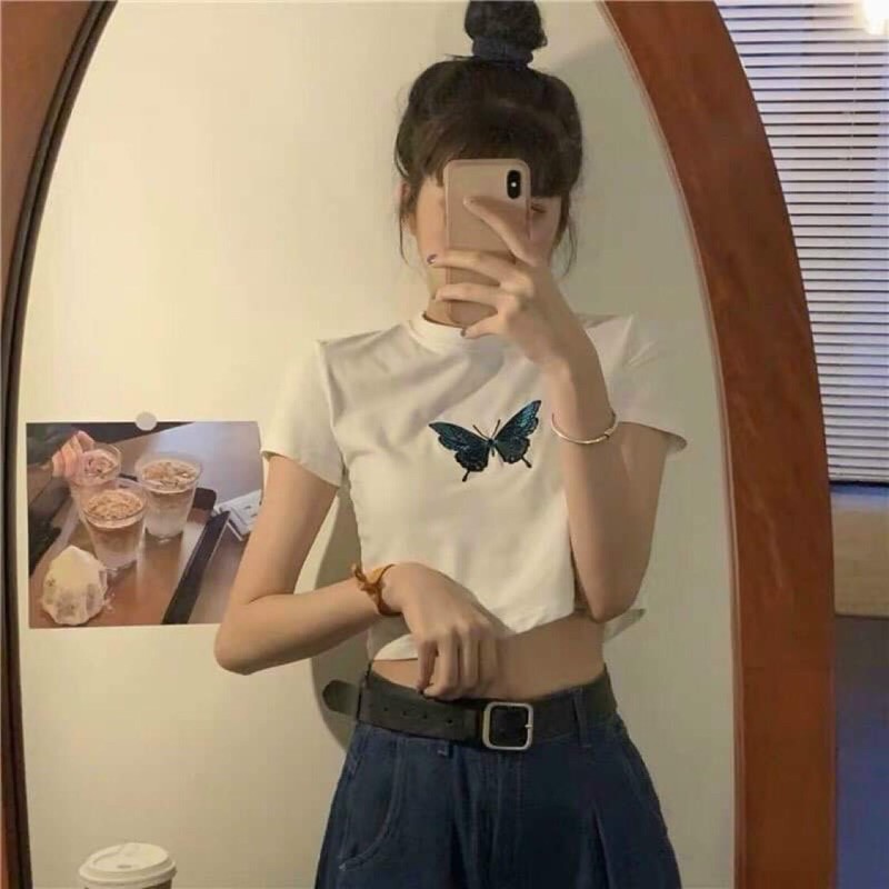 Áo croptop nữ in hình bướm (trắng, đen)