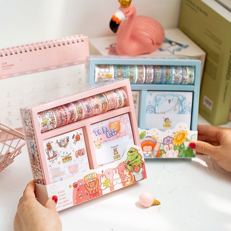 Combo set hộp washi tape , sticker và giấy ghi note nhiều hình siêu cute, phụ kiện trang trí sổ bullet Journal