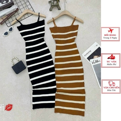 Đầm body len nữ 2 dây dáng dài maxi sọc kẻ ngang ulzzang Hàn Quốc thu đông