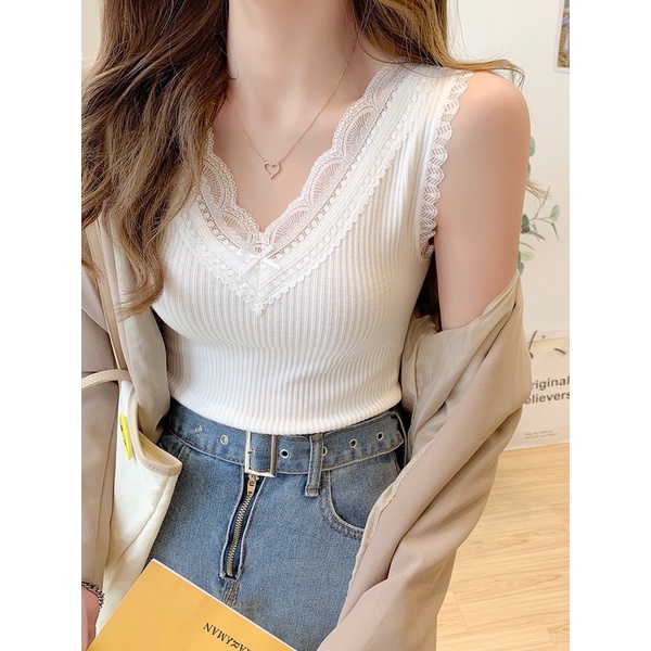 Áo 2 dây mặc vest phối ren cỗ chữ V cao cấp