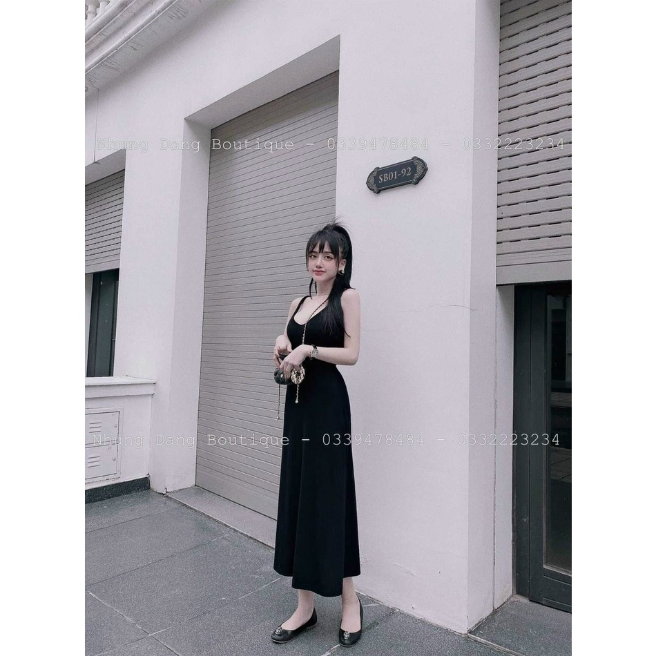 Đầm dáng midi dài thun gân 2 dây cổ V sexy MK