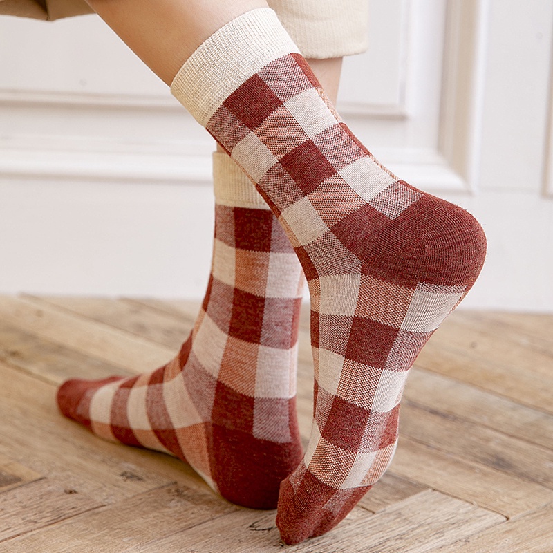 Mix Colour Plaid Women Loose Socks New Trend Cotton Casual Breathable Female Crew Socks College Style Stretch Girls Hosiery