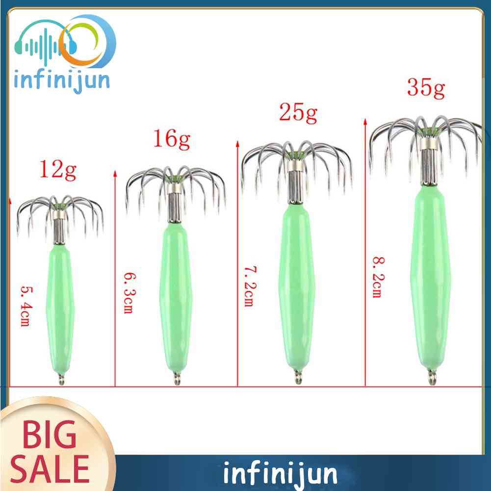 Set 12 Móc Câu Cá Hình Mực Phát Sáng Trong Tối Bằng Nhựa