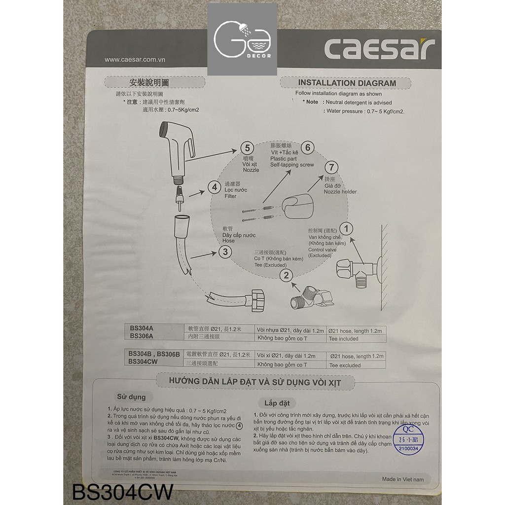 VÒI XỊT NHÀ VỆ SINH/ TOILET XI CAESAR BS304CW - VOICSR0181