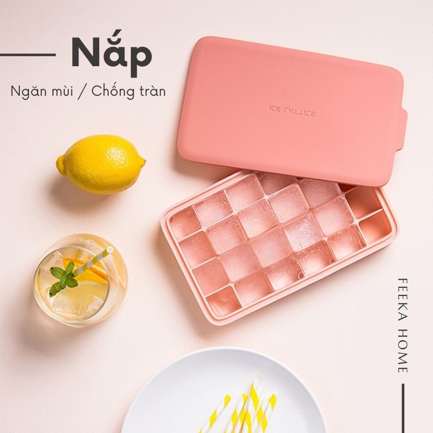 Khay đá silicon có nắp cao cấp FEEKA ngăn mùi - chống tràn, khuôn đá silicon để tủ lạnh 24 ô