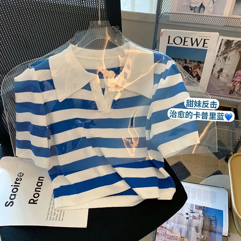 Jiashucheng Áo Thun polo Ngắn Tay Vải Lụa Lạnh Kẻ Sọc Đen Thời Trang Mùa Hè 2023 Cho Nữ