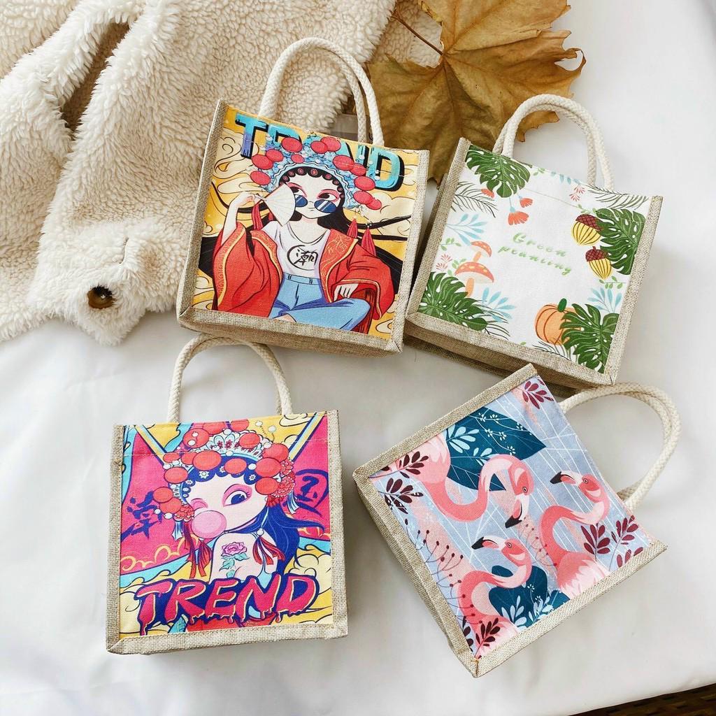 Túi cói mini họa tiết siêu xinh, túi xách tote canvas mẫu mới