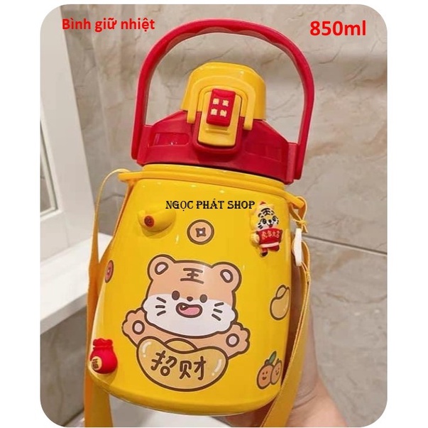 Bình giữ nhiệt 8660_850ml inox 304 màu Vàng hình Hổ_Có lọc trà