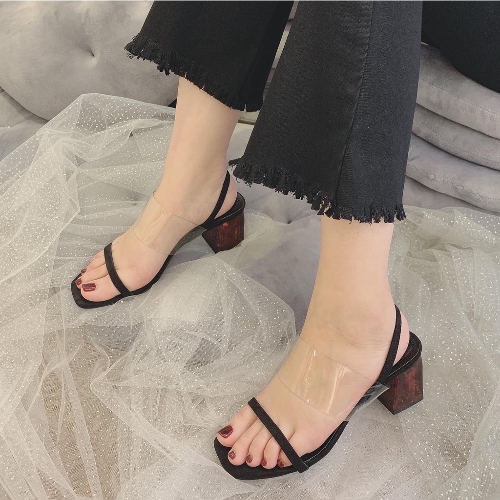 Sandal cao gót nữ quai ngang mảnh phối quai trong, quai chun hậu đế vuông vân màu đỏ cao 6p siêu xinh - S33