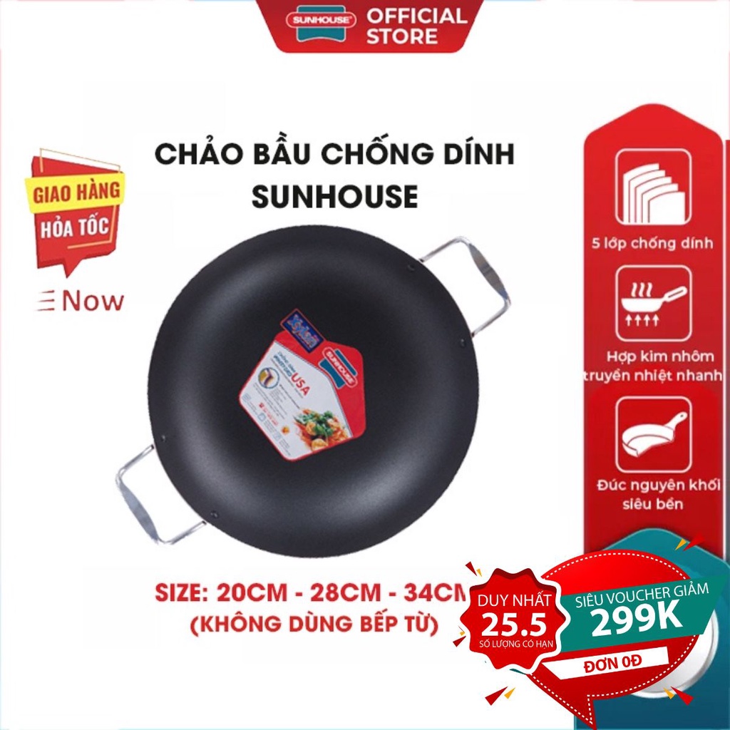 Chảo chống dính bầu SUNHOUSE SHG1220R-SHG1234R-2022 chảo sâu lòng hợp kim nhôm tay cầm chịu nhiệt chống trầy xước