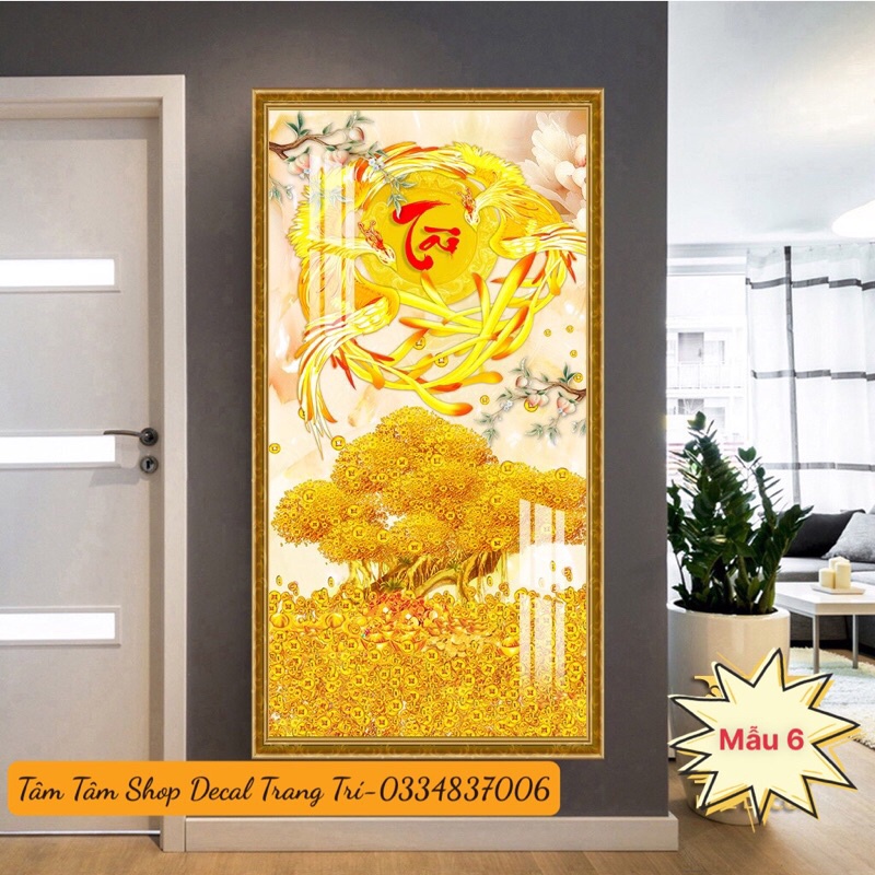 [Nhiều Mẫu] Tranh dán tường giả tráng gương hình cây tài lộc, sẵn keo dán