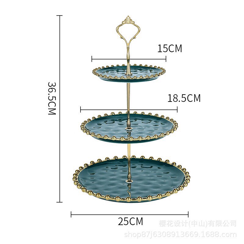 Khay, đĩa đựng bánh kẹo, mứt tết, trái cây 3 tầng gốm sứ viền vàng kim decor trang trí