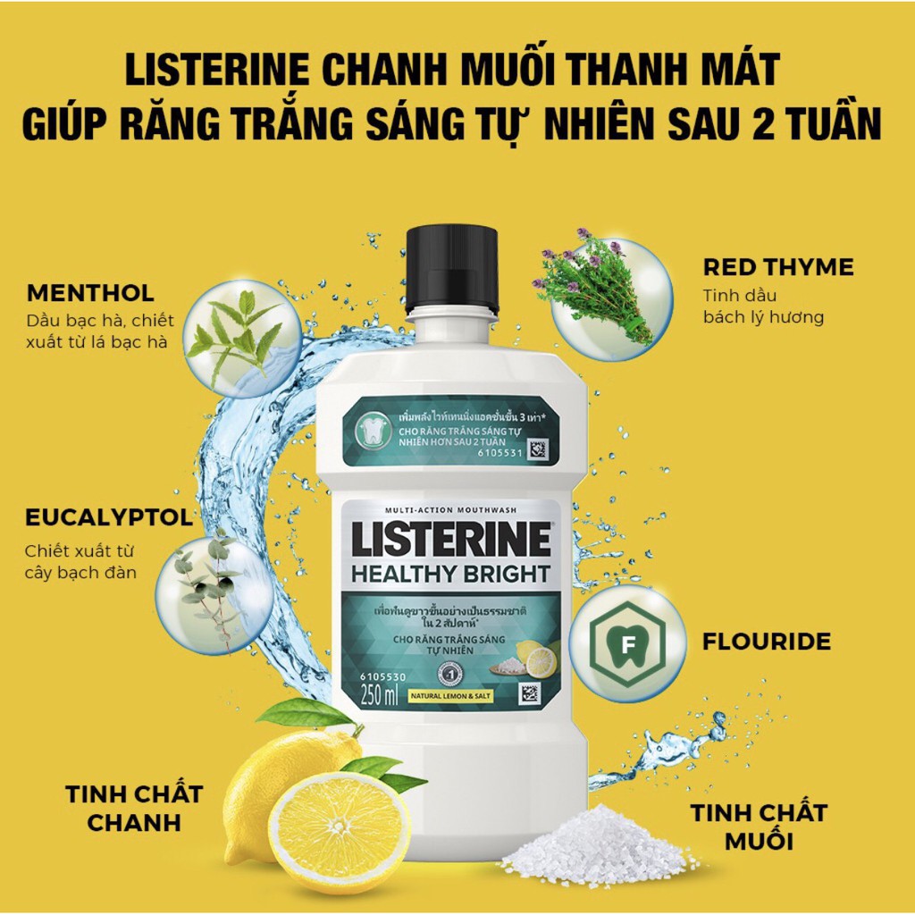 Nước Súc Miệng Listerine Giúp Răng Trắng Sáng 250ml Healthy Bright Multi-Action Mouthwash