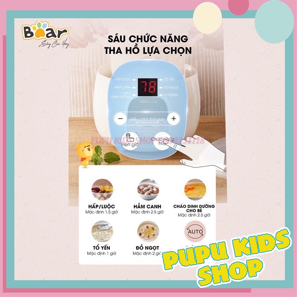 [BẢN QUỐC TẾ - BẢO HÀNH 1 NĂM] NỒI HẦM CHÁO BEAR CÓ XỬNG HẤP CÁCH THUỶ 2IN1 0,8L, 1.6L