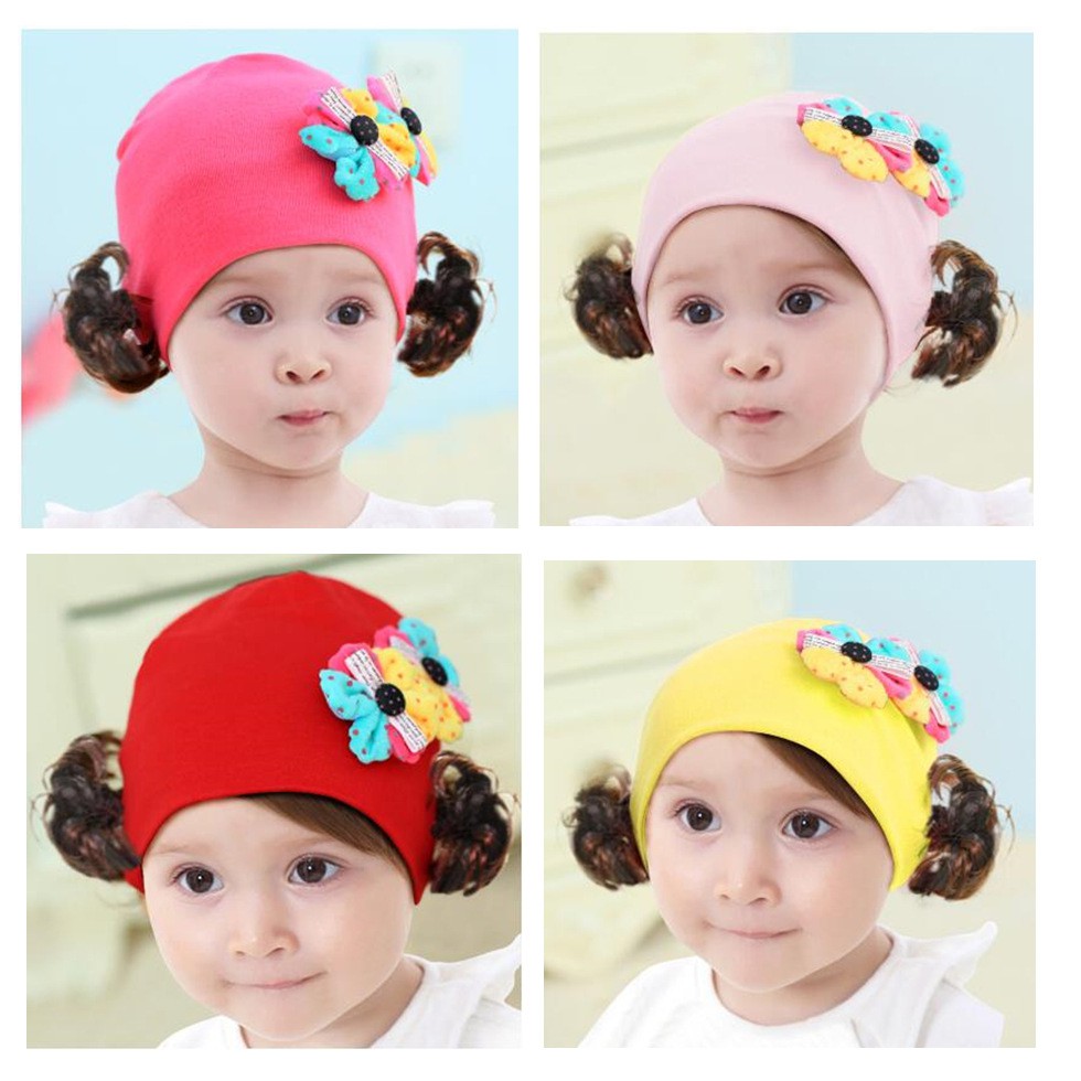 Mũ Cotton Tóc Giả hai hoa chéo xinh xắn Cho Bé Gái(5 tháng-4 tuổi)