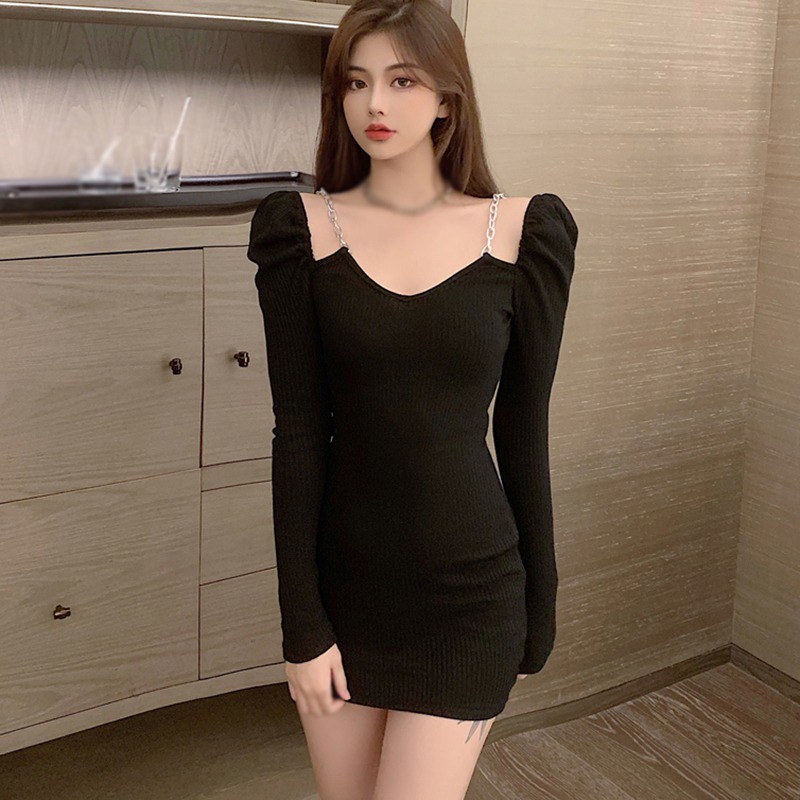 Đầm Dài Tay Cổ Chữ V Ôm Dáng Phối Dây Xích Thời Trang Dành Cho Nữ