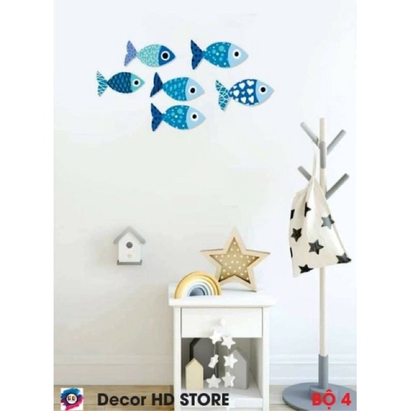 Bộ tranh Cá decor dán tường trang trí phòng khách, phòng ngủ, tranh cá treo tường gắn sẵn băng dính nano 3M
