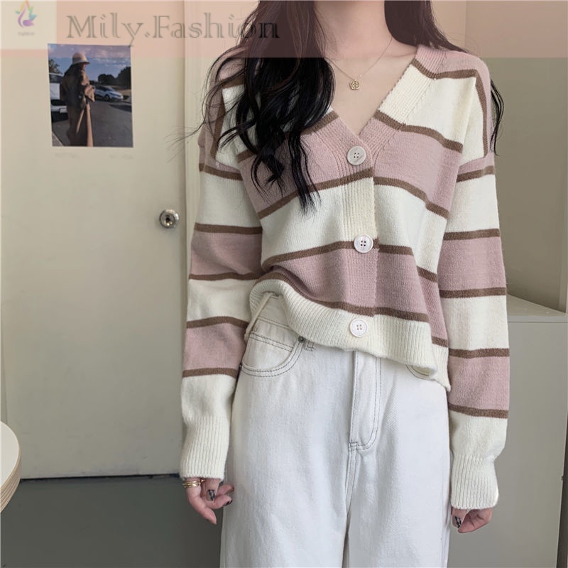 Áo khoác Cardigan tay dài cổ chữ V form rộng họa tiết kẻ sọc phong cách retro Nhật bản