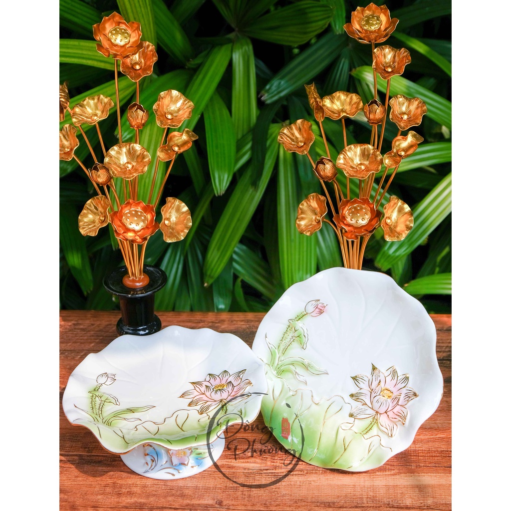 Đĩa Thờ Cúng - Set Đồ Thờ Phụng Bạch Ngọc Kim Sen Xanh Cao Cấp
