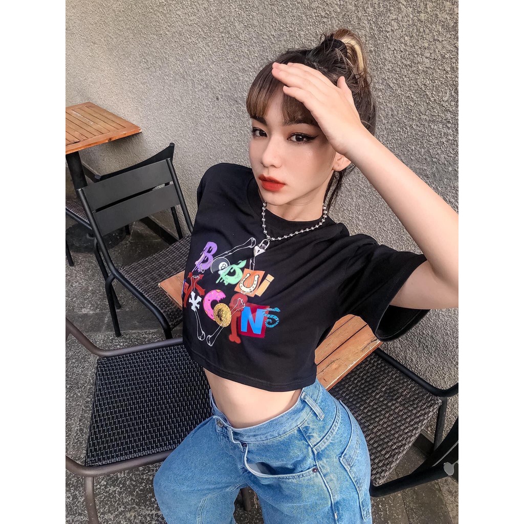 Áo Croptop Nữ BoBui 🦋FREESHIP🦋 Áo Phông Dáng Ngắn Cộc Tay In Chữ Màu Đen