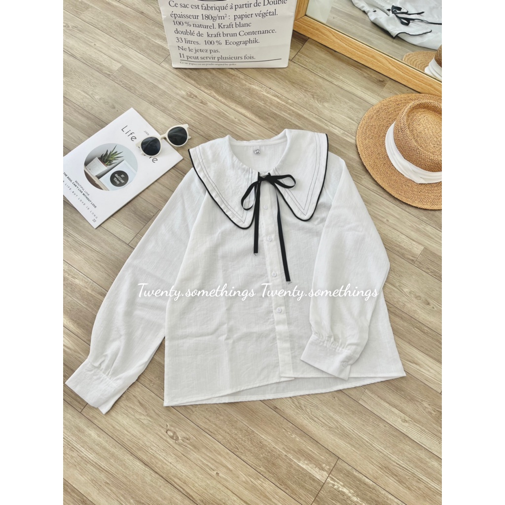 Áo Sơ Mi Cổ Viền Đen Thắt Nơ