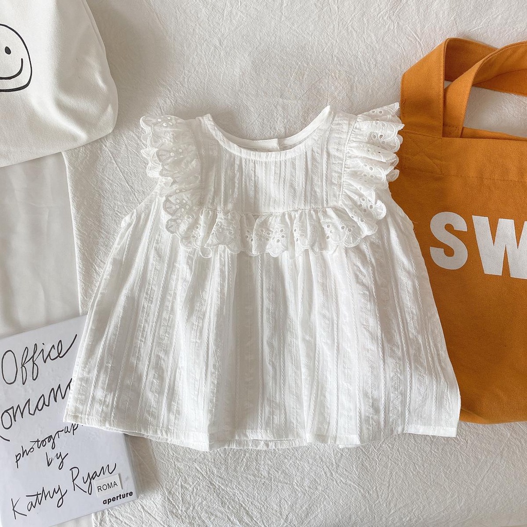 Hàng Mới Về Áo Sơ Mi Cotton Không Tay Phối Ren Phong Cách Nhật Hàn Mẫu Mới 2021 Thời Trang Mùa Hè Cho Bé Gái