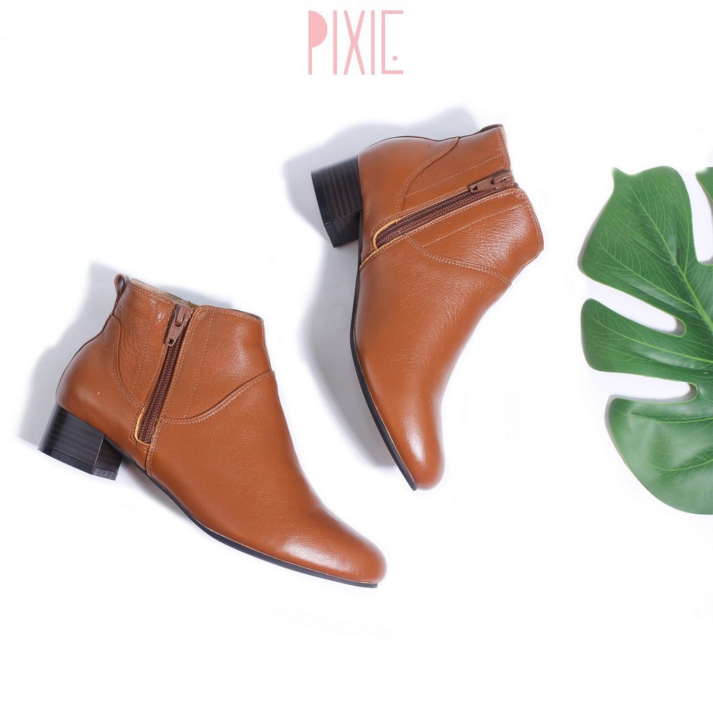 [Mã FASHIONMALLT4 giảm 15% đơn 150k] Giày Boot Thấp 3cm Cổ Ngắn 2 Dây Kéo Da Bò Thật Pixie P697