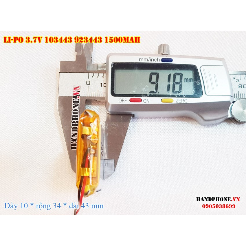 Pin Li-Po 3.7V 1500mAh 103443 923443 (Lithium Polymer) cho loa Bluetooth, máy trợ giảng, Máy đo, Camera, POS