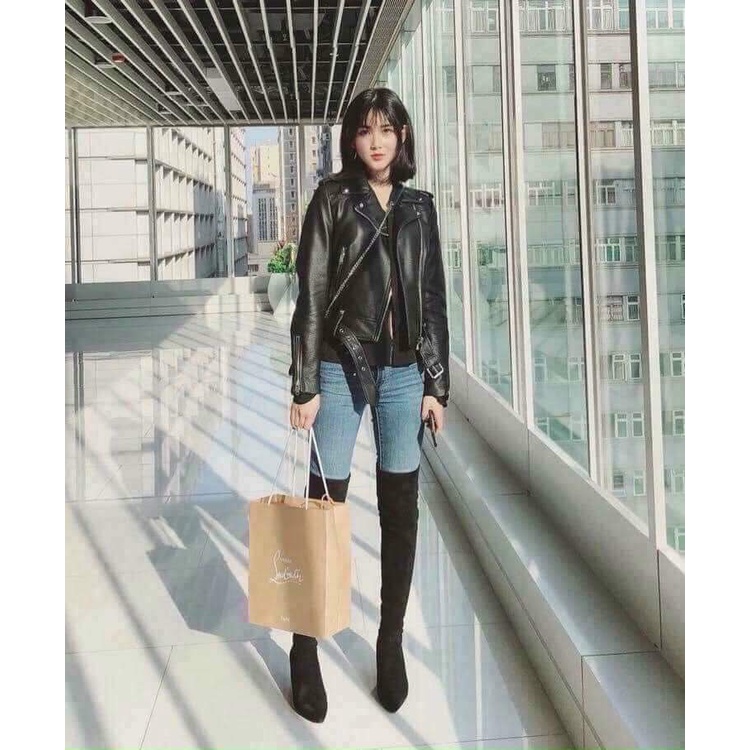 Áo khoác da đai dưới 2 màu đen kem - Hàng đẹp