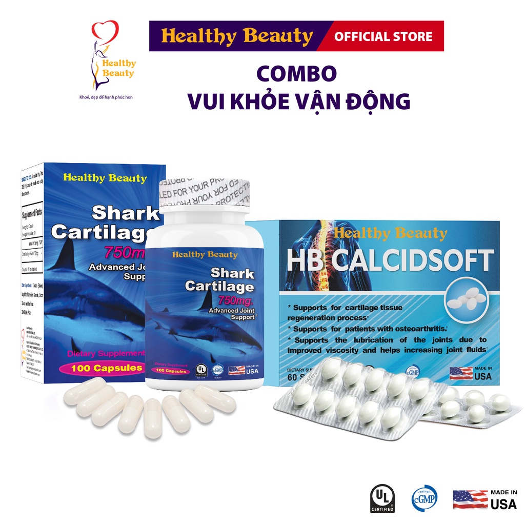 ComBo Vui Khỏe Vận Động HB Calcidsoft & Shark Cartilage 750Mg Healthy Beauty Giúp Xương Chắc Khỏe Khớp Dẻo Dai