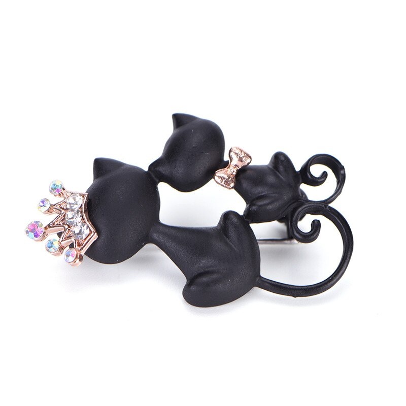 Ghim Cài Áo Hình Mèo Mẹ Và Con Gái Đội Vương Miện Đính Pha Lê Đen Mịn Màng