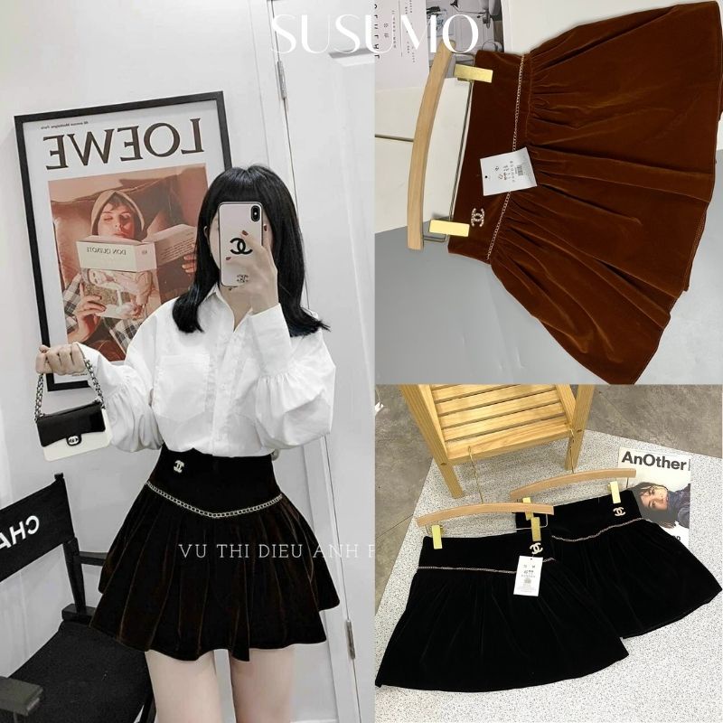 Chân váy nhung nữ NHẬT LINH chân váy ngắn dáng xòe đính kèm đai xích sang chảnh - CV511