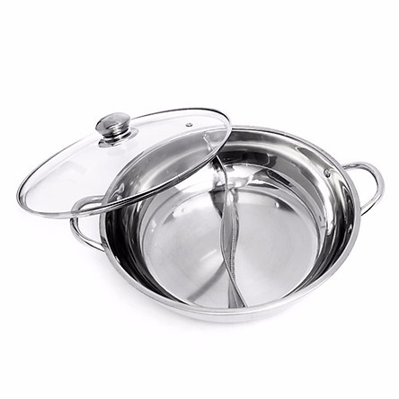 Nồi lẩu đa năng 2 ngăn Inox Size 32cm tiện dụng - Nồi lẩu gia đình 2 ngăn kèm vung kính