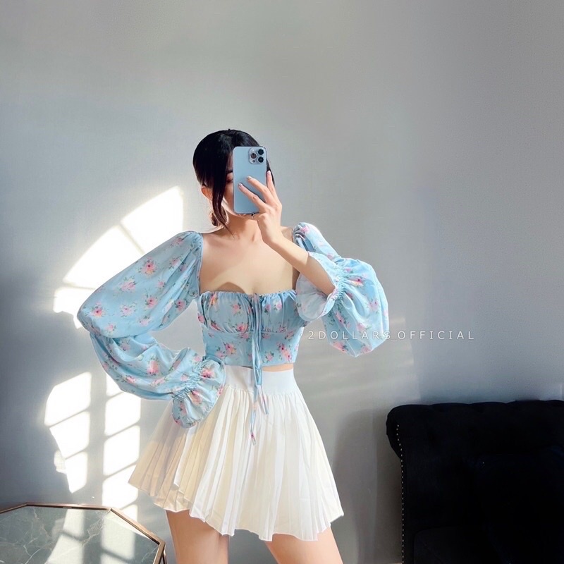 CV32 Chân Váy Xòe CC & A2117 Áo Cổ Vuông Xanh Hoa Hồng