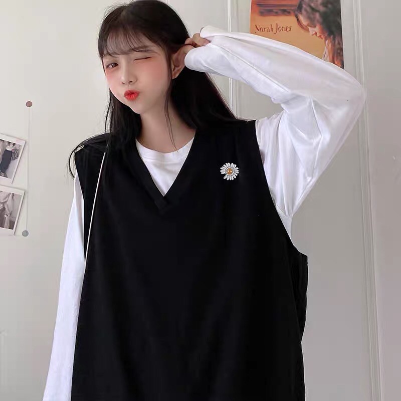 Set áo gile Thêu Hoa Cúc + áo phông tay dài trơn unisex form rộng ulzzang Wind | BigBuy360 - bigbuy360.vn