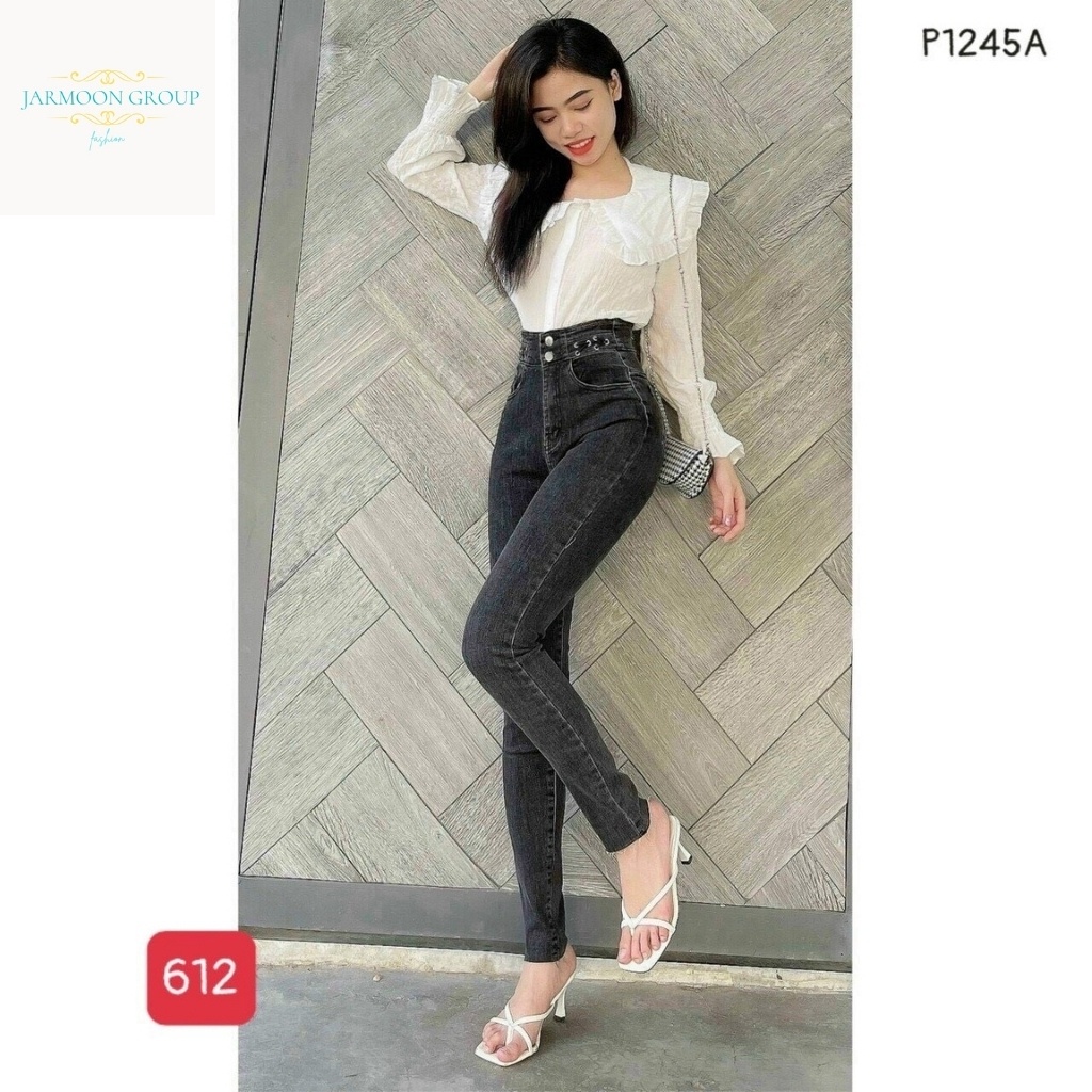 Quần jean Nữ Lưng Cao AD522JM Quần Bò Nữ Đen Rách Lưng Siêu Cao Tôn Dáng 5 Nút Chuẩn Skinny (SIZE26 - 30)