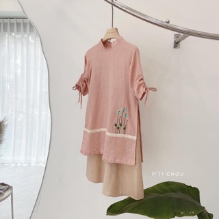 Áo dài linen thêu tay
