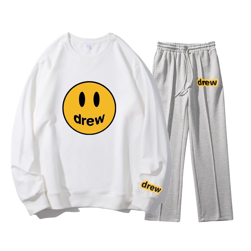 Set áo sweater nỉ bông quần gân drew ống suông basic,  phong cách unisex dễ mặc dễ mix big size 3XL-5XL