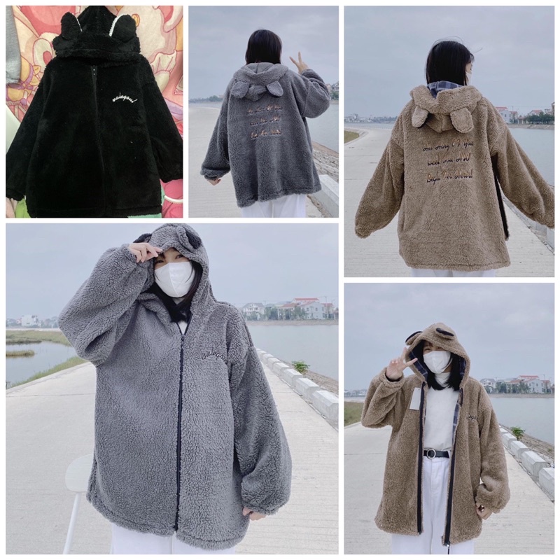 Áo khoác lông cừu tai gấu thêu mặt cười unisex (annstore) | BigBuy360 - bigbuy360.vn
