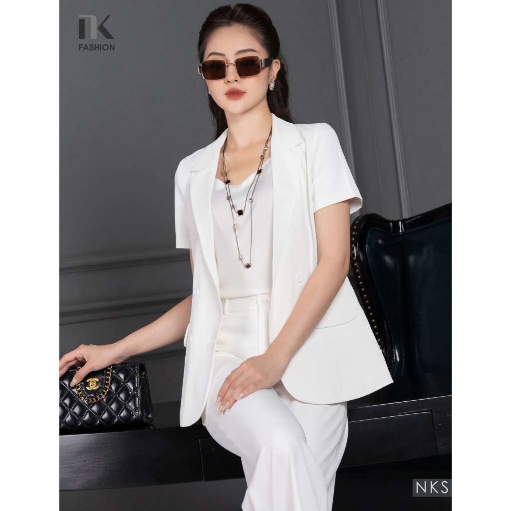 Áo Kí Giả Dáng Suông Tay Ngắn NK Fashion Thiết Kế Đứng Form, 4 Cúc Điệu Đà, Chất Liệu Nhập Hàn Thoáng Mát NKSM2205002