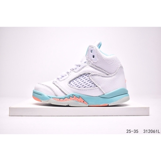 Jordan KIDS Giày Da Lộn Giày Trẻ Em Da Của Jordan 5 Retro Gp Jordan Thế Hệ Thứ 5 Aj5 Trẻ Em Giày Bóng Rổ EUR25-35 * Có Sẵn * Trắng Xanh