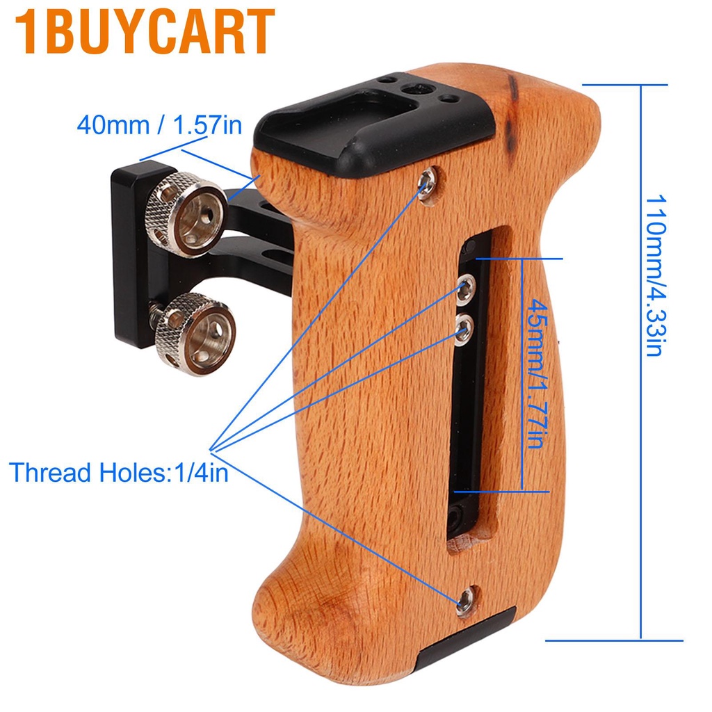 1buycart Wooden Side Handle Grip Adjustable with 1/4in Thread Holes Cold Shoe Mount for Camera DV Video Cage