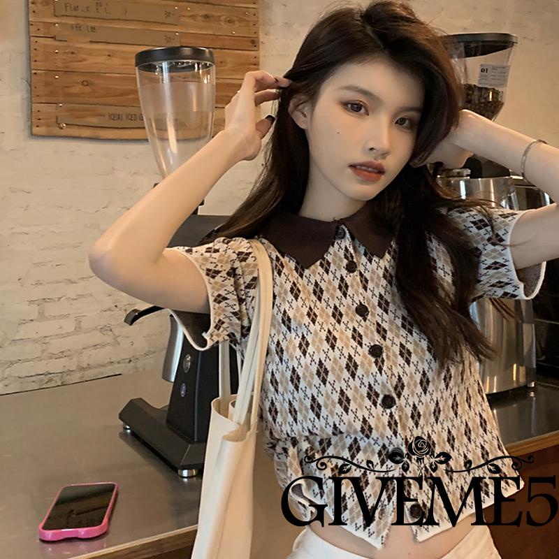 Áo Thun Dệt Kim Ngắn Tay Cổ Bẻ Màu Sắc Tương Phản Phối Nút Họa Tiết Hình Thoi Cổ Điển Cho Nữ