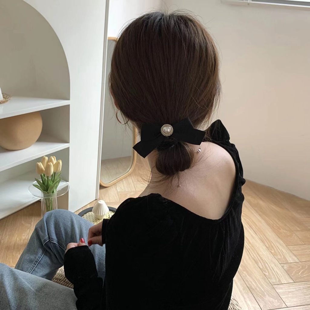 Dây Buộc Tóc Cao Su Màu Đen Đính Nơ Và Ngọc Trai Phong Cách Retro Pháp