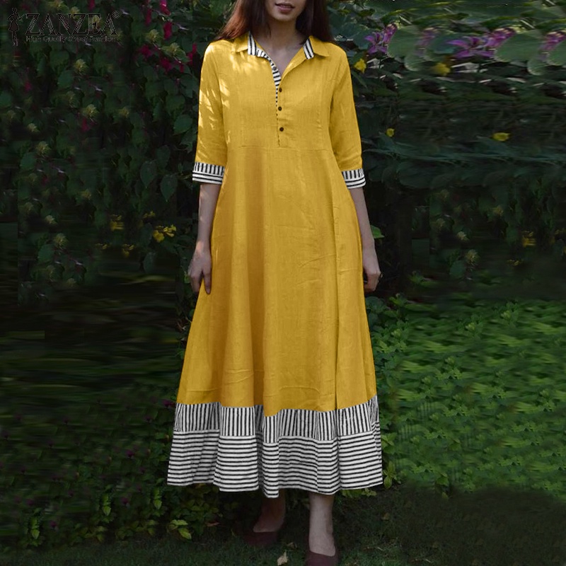 Đầm maxi ZANZEA tay lửng kẻ sọc cổ bẻ dáng rộng thời trang cho nữ